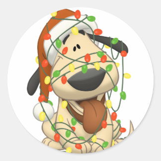 Pegatina Redonda Navidades alumbran a curioso perro porcino