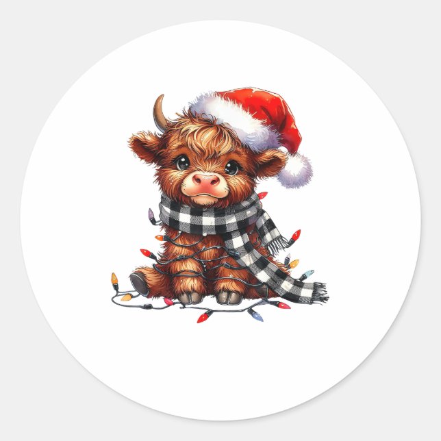 Pegatina Redonda Navidades alumbran Highlan Viento de Vaca Highland (Anverso)