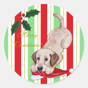 Pegatina Redonda Navidades Amarillos Labradores Puppy y Santa Hat