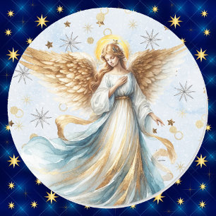 Pegatina Redonda Navidades Angel Gold Blue Watercolor