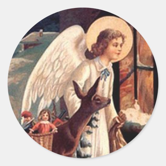 Pegatina Redonda Navidades Ángel mirando a través de una ventana (Anverso)