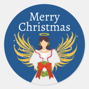 Pegatina Redonda Navidades Angel Modern Wreath Wings Halo Blue