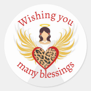 Pegatina Redonda Navidades Angel Red Heart Leopard Wings Gift