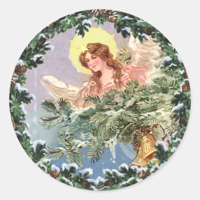 Pegatina Redonda NAVIDADES ANGEL & WREATH de SHARON SHARPE (Anverso)