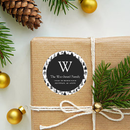 Pegatina Redonda Navidades Árboles Evergreen Dirección en blanco y 