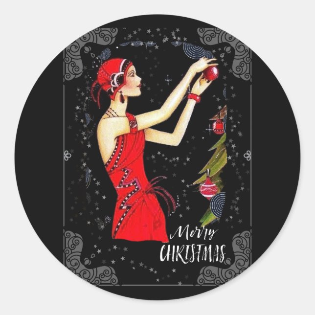 Pegatina Redonda Navidades Art Deco Retro Vintage (Anverso)