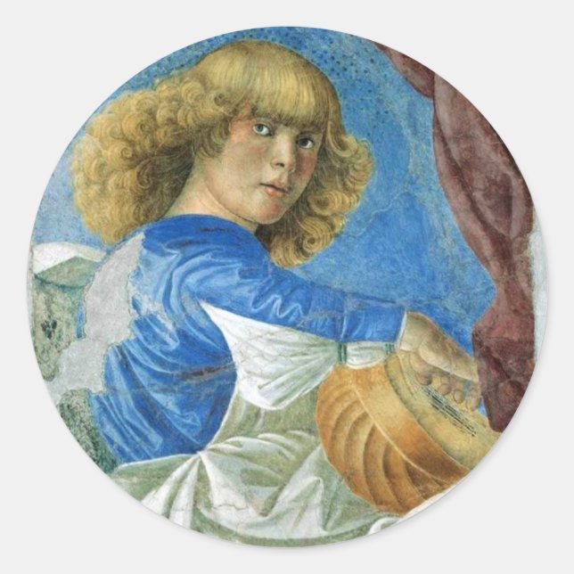 PEGATINA REDONDA NAVIDADES AZULES ANGEL HACIENDO MÚSICA (Anverso)