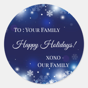 Pegatina Redonda Navidades azules copos de nieve personalizados