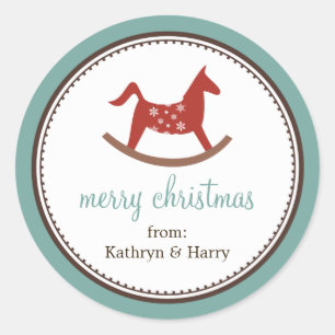 Pegatina Redonda navidades azules de juguete de caballo de roca eti