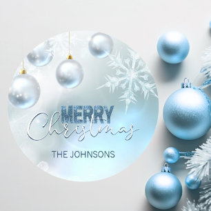 Pegatina Redonda Navidades Azules Nieve Nieve Baubles