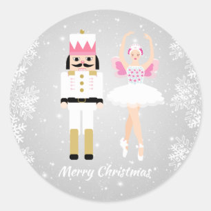 Pegatina Redonda Navidades Ballerina y Nutcracker, copos de nieve