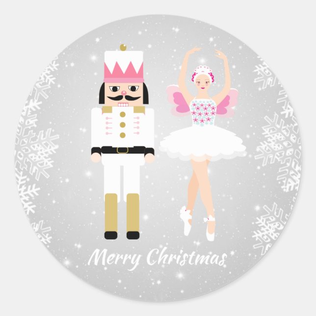 Pegatina Redonda Navidades Ballerina y Nutcracker, copos de nieve (Anverso)
