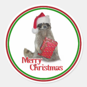 Pegatina Redonda Navidades Bandit Raccoon con el presente