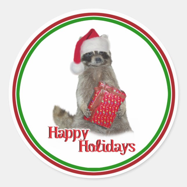 Pegatina Redonda Navidades Bandit Raccoon con el presente (Anverso)