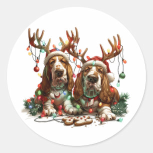 Pegatina Redonda Navidades Basset Hound Dogs
