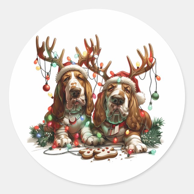 Pegatina Redonda Navidades Basset Hound Dogs (Anverso)