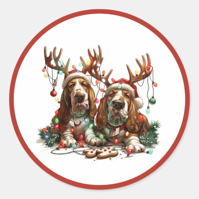 Pegatina Redonda Navidades Basset Hound Dogs (Anverso)