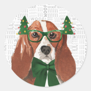 Pegatina Redonda Navidades Basset Hound y Woof Dog Lover