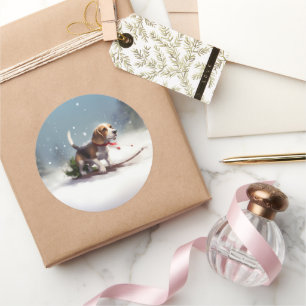 Pegatina Redonda Navidades Beagle en invierno