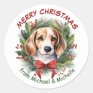 Pegatina Redonda Navidades Beagle Hound Red Bow Wreath