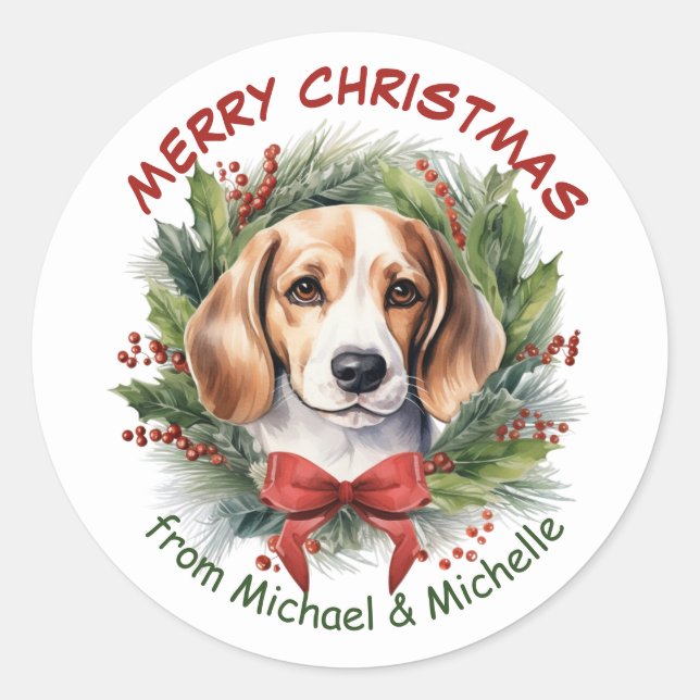 Pegatina Redonda Navidades Beagle Hound Red Bow Wreath (Anverso)
