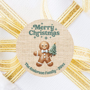 Pegatina Redonda Navidades beige burlap gingerbread man