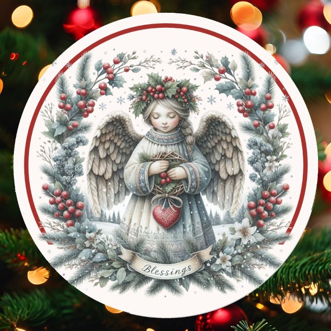 Pegatina Redonda Navidades bendiciendo a Angel Green Pine Red Berri (Subido por el creador)