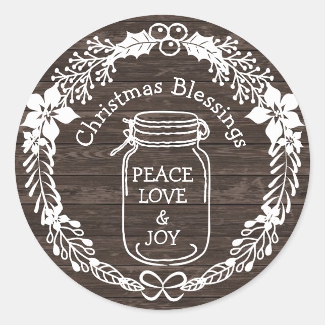Pegatina Redonda Navidades Bendiciendo Paz Ama Joy Mason Jar (Anverso)