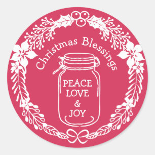 Pegatina Redonda Navidades Bendiciendo Paz Ama Joy Mason Jar