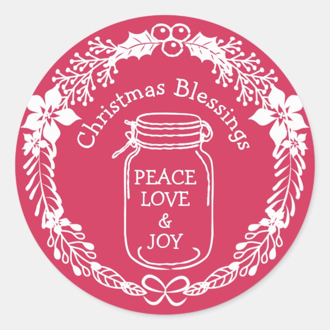 Pegatina Redonda Navidades Bendiciendo Paz Ama Joy Mason Jar (Anverso)