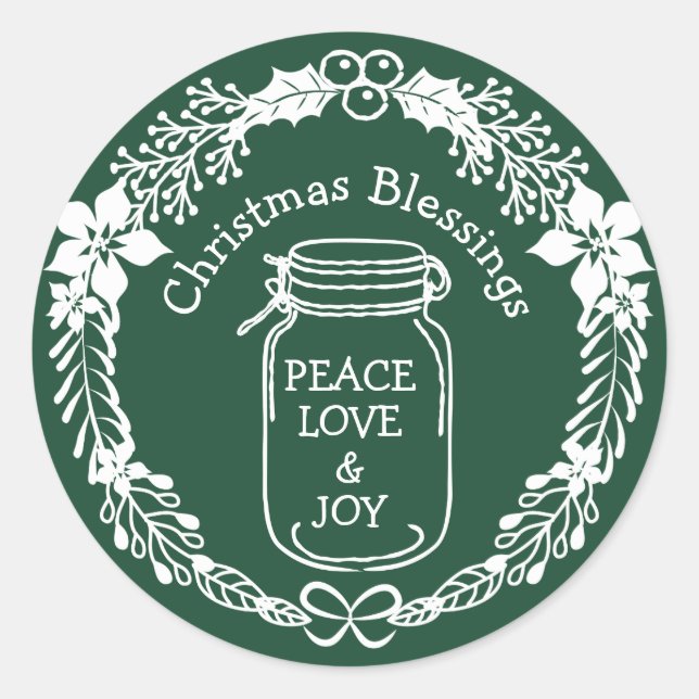 Pegatina Redonda Navidades Bendiciendo Paz Ama Joy Mason Jar (Anverso)