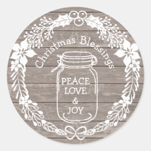 Pegatina Redonda Navidades Bendiciendo Paz Ama Joy Mason Jar