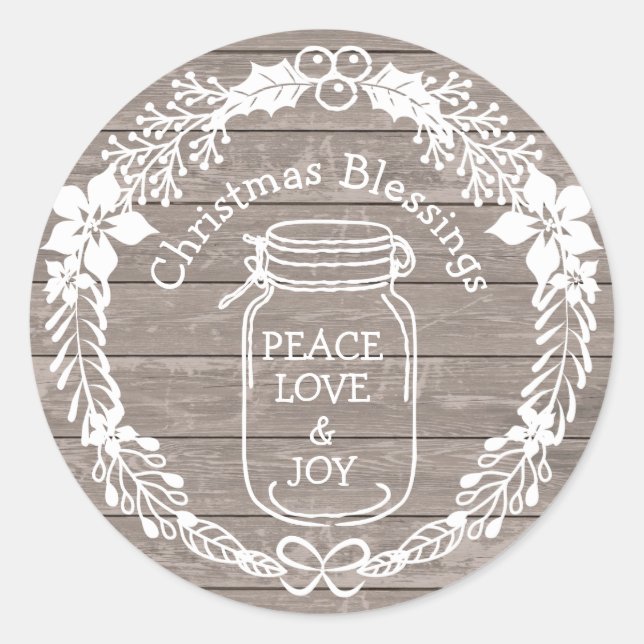 Pegatina Redonda Navidades Bendiciendo Paz Ama Joy Mason Jar (Anverso)