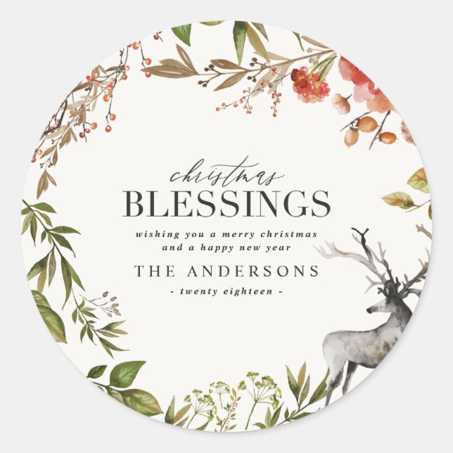 Pegatina Redonda Navidades Bendición follaje acuarela Vacaciones (Anverso)