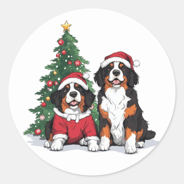 Pegatina Redonda Navidades Bernese Mountain Dogs (Anverso)