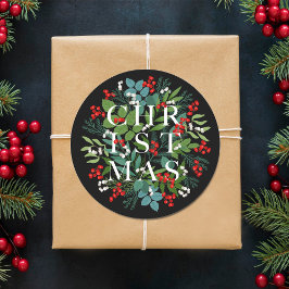 Pegatina Redonda NAVIDADES Berries Greenery Holiday Black