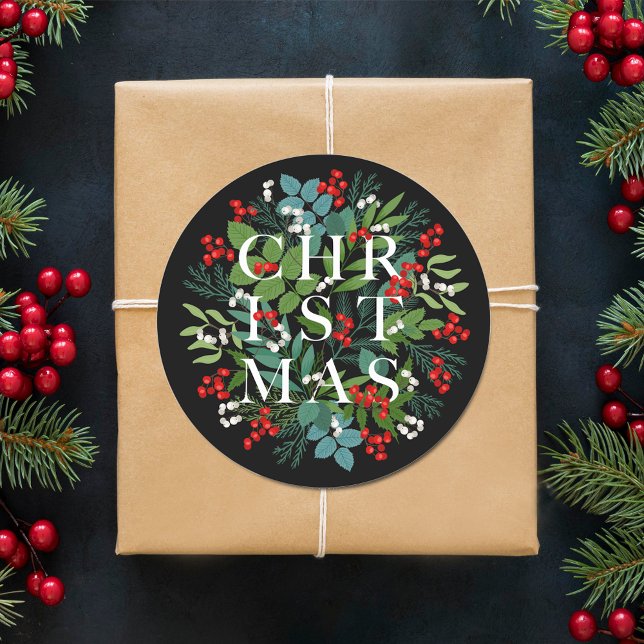 Pegatina Redonda NAVIDADES Berries Greenery Holiday Black (CHRISTMAS Berries Greenery Holiday Black 3" Round Stickers (small 1-1/2" available, too.))