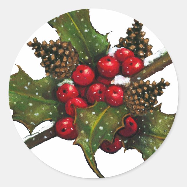 Pegatina Redonda Navidades: Berries, Holly, Cones de pino: Arte (Anverso)
