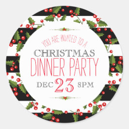 Pegatina Redonda Navidades Berry Wreath Black & White Stripes
