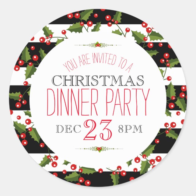 Pegatina Redonda Navidades Berry Wreath Black & White Stripes (Anverso)