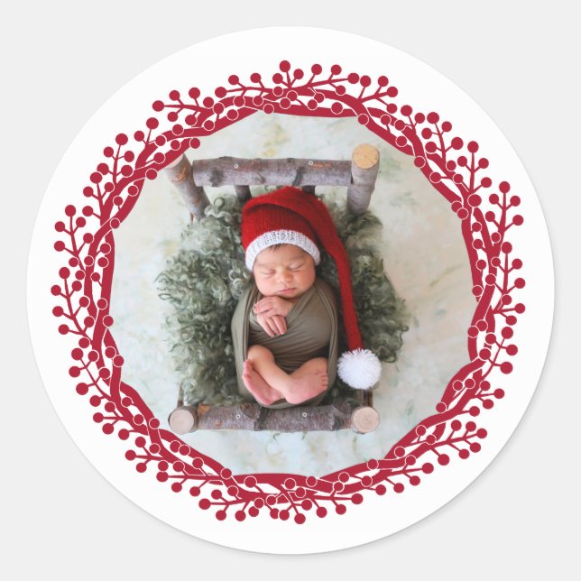 Pegatina Redonda Navidades berry wreath photo (Anverso)