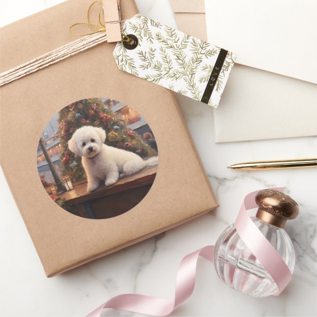 Pegatina Redonda Navidades Bichon Frise crucero: feroz feriado (Regalar)