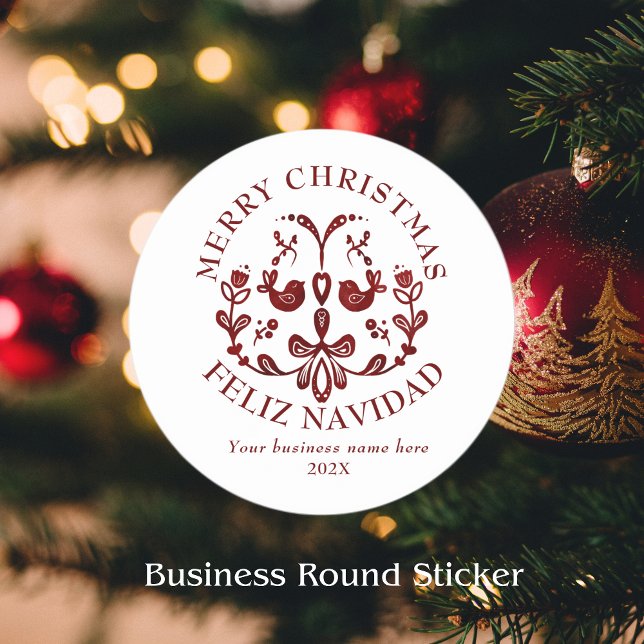 Pegatina Redonda Navidades bilingües Aves de Borgoña Españolas (Round sticker Christmas Spanish small business, custom business name & text. Multilingual Project)