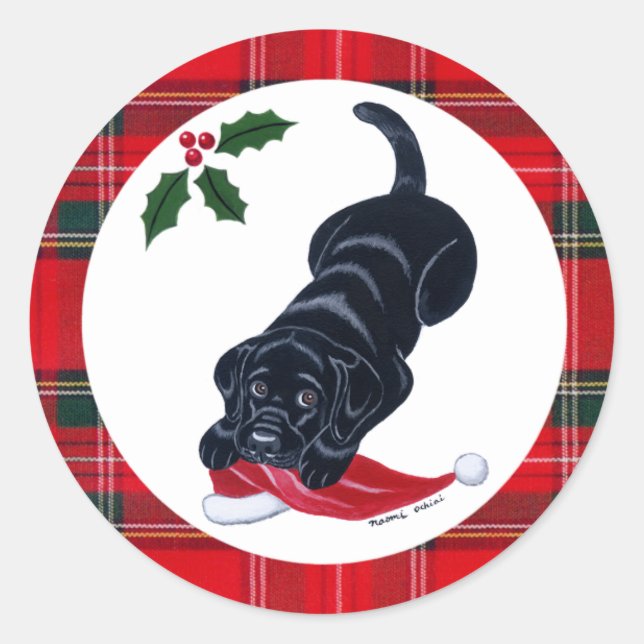 Pegatina Redonda Navidades Black Labrador Puppy y Santa Hat (Anverso)