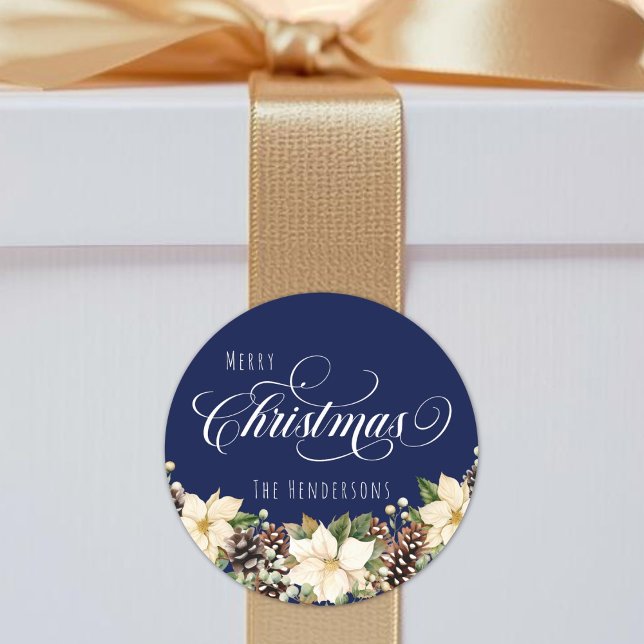 Pegatina Redonda Navidades blancos azul Poinsettia (White Christmas Poinsettia blue Classic Round Sticker)