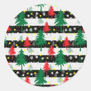 Pegatina Redonda Navidades blancos negros rayas de nieve árboles ve