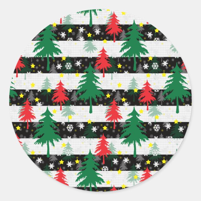 Pegatina Redonda Navidades blancos negros rayas de nieve árboles ve (Anverso)