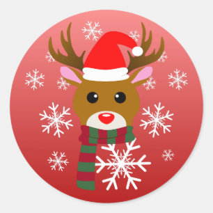 Pegatina Redonda Navidades blancos Rudolph, reno de la nariz roja