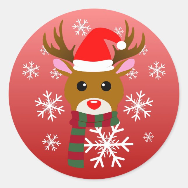 Pegatina Redonda Navidades blancos Rudolph, reno de la nariz roja (Anverso)