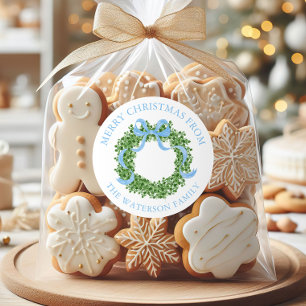Pegatina Redonda Navidades Blue Bow Regalo de Wreath de Boxwood
